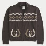 Boxy Zip-Up Western Graphic Sweater - dark brown pattern