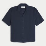 Linen-Blend Short-Sleeve Pattern Shirt - navy blue