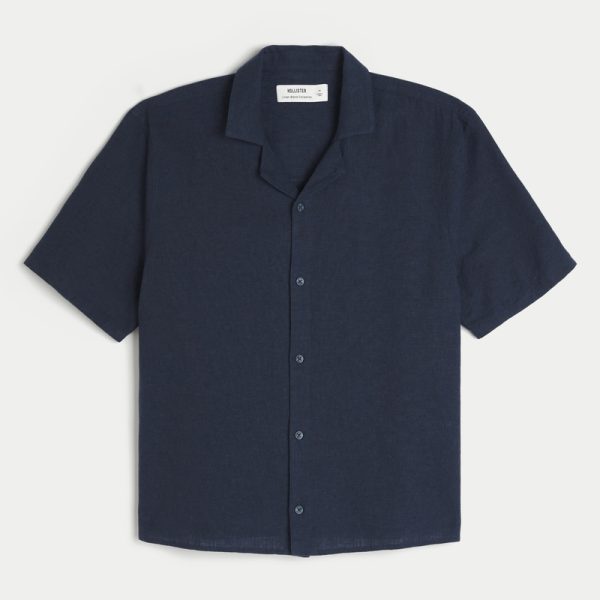 Linen-Blend Short-Sleeve Pattern Shirt - navy blue