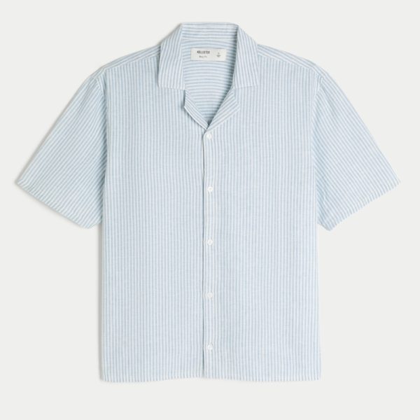 Linen-Blend Short-Sleeve Pattern Shirt - light blue stripe