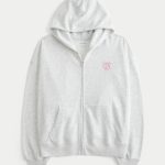 Oversized Graphic Zip-Up Hoodie - light heather grey