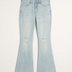 High-Rise Dark Wash Embroidered Florals Flare Jeans - light ripped