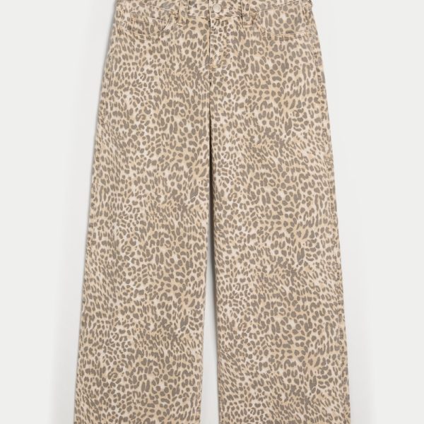 Low-Rise Light Wash Foldover Waist Super Baggy Jeans - leopard print
