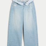 Low-Rise Light Wash Foldover Waist Super Baggy Jeans - light ripped