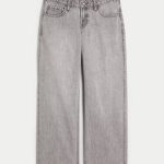 Low-Rise Dark Wash Foldover Waist Baggy Jeans - grey wash
