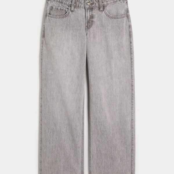 Low-Rise Dark Wash Foldover Waist Baggy Jeans - grey wash