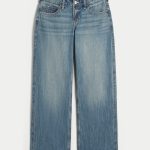 Low-Rise Dark Wash Foldover Waist Baggy Jeans - medium