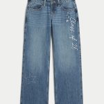 Low-Rise Dark Wash Foldover Waist Baggy Jeans - medium