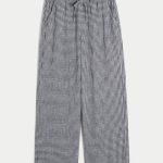 Linen-Blend Baggy Pull-On Pants - navy blue check