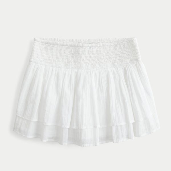 Mid-Rise Smocked Crinkle Voile Mini Skort - white