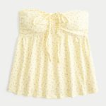 Strapless Cinched Babydoll Top - butter yellow floral