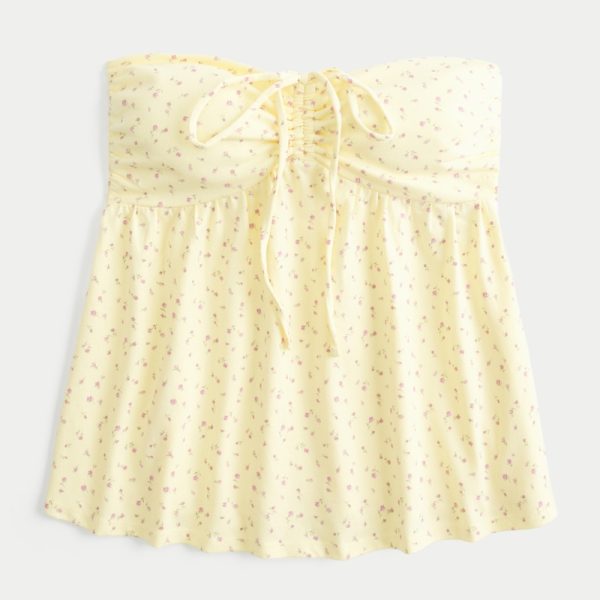 Strapless Cinched Babydoll Top - butter yellow floral