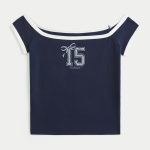 Off-the-Shoulder Logo Graphic Tee - navy blue