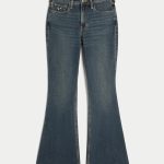High-Rise Dark Wash Embroidered Florals Flare Jeans - dark