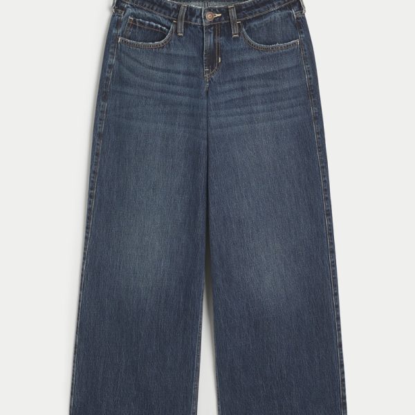 Low-Rise Light Wash Foldover Waist Super Baggy Jeans - dark wash