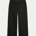 Low-Rise Dark Wash Foldover Waist Baggy Jeans - black