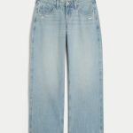 Low-Rise Dark Wash Foldover Waist Baggy Jeans - medium ripped