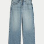 Low-Rise Dark Wash Foldover Waist Baggy Jeans - medium