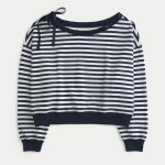 Off-the-Shoulder Tie Sweatshirt - navy blue stripe