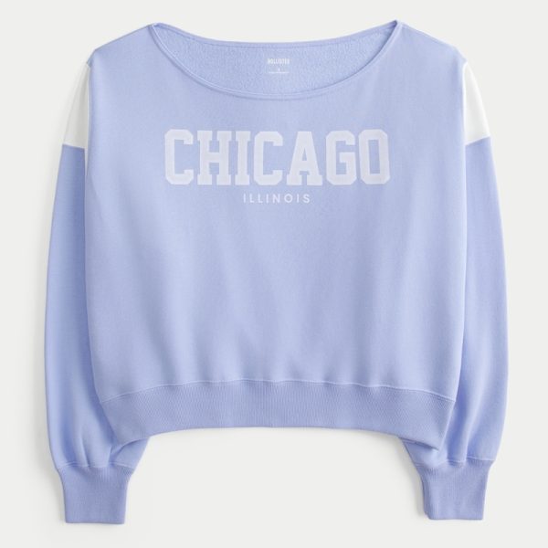 Easy Off-the-Shoulder Chicago Graphic Sweatshirt - periwinkle