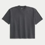 Boxy Heavyweight Crop Washed Crew T-Shirt - washed dark gray