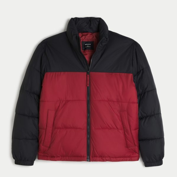 Boxy Mock-Neck Puffer Jacket - black and burgundy