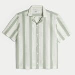 Boxy Short-Sleeve Crochet-Style Shirt - cream and sage stripe
