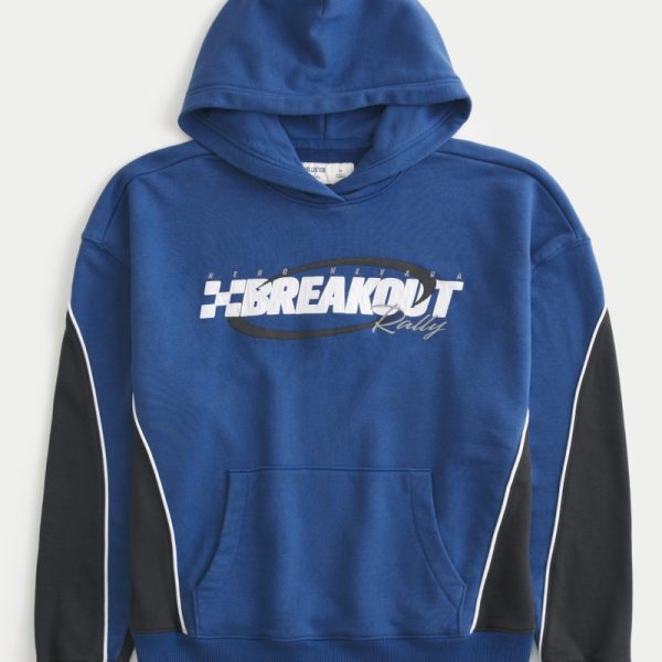 Boxy Terry Logo Graphic Hoodie - navy and black