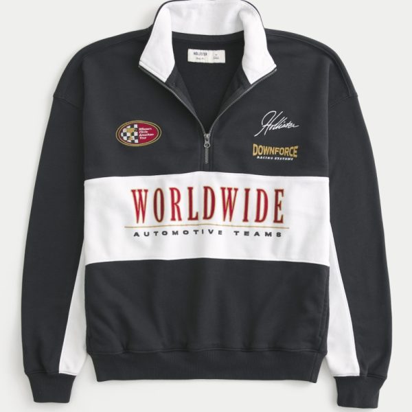 Boxy Terry Racing Graphic Half-Zip Sweatshirt - black and white