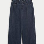 Low-Rise Light Wash Foldover Waist Super Baggy Jeans - dark rinse
