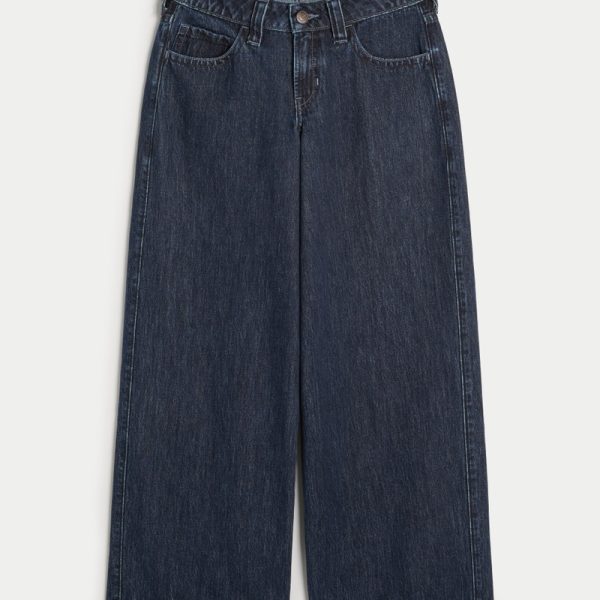Low-Rise Light Wash Foldover Waist Super Baggy Jeans - dark rinse
