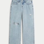 Low-Rise Dark Wash Foldover Waist Baggy Jeans - light ripped