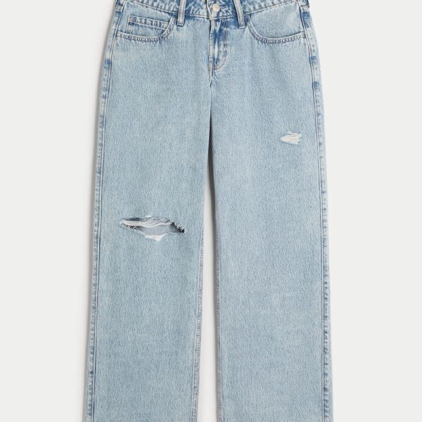 Low-Rise Dark Wash Foldover Waist Baggy Jeans - light ripped