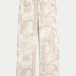 Low-Rise Dark Wash Foldover Waist Baggy Jeans - cream camo