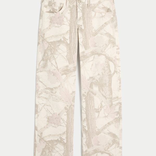 Low-Rise Dark Wash Foldover Waist Baggy Jeans - cream camo