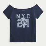 Off-the-Shoulder Cutesy Graphic Tee - navy blue