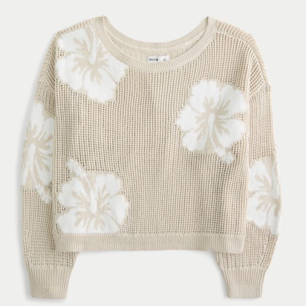 Easy Stitchy Graphic Slouchy Crew Sweater - beige