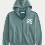 Boxy Number Graphic Zip-Up Hoodie - faded green