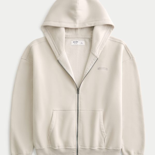 Boxy Zip-Up Hoodie - cream