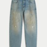 Greased Medium Wash Skater Baggy Jeans - medium with effect