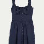Button-Front Mini Dress - navy blue
