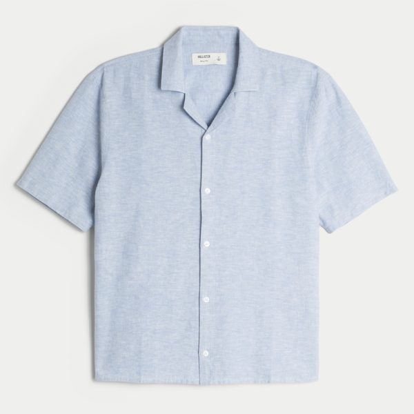 Linen-Blend Short-Sleeve Pattern Shirt - light heather blue