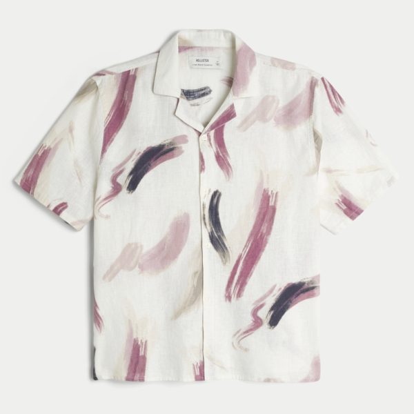 Linen-Blend Short-Sleeve Pattern Shirt - cream pattern