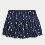 Mid-Rise Smocked Crinkle Voile Mini Skort - navy blue floral