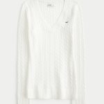 Cable-Knit Icon V-Neck Sweater - cloud white