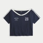 Oversized Off-the-Shoulder Varsity San Diego Graphic Tee - navy blue