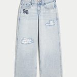 Low-Rise Light Wash Foldover Waist Super Baggy Jeans - light ripped