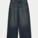 Low-Rise Light Wash Foldover Waist Super Baggy Jeans - dark