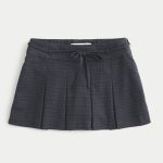 Mid-Rise Pleated Mini Skort - dark gray plaid