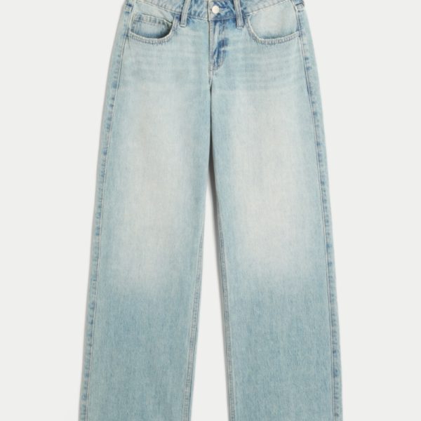 Low-Rise Dark Wash Foldover Waist Baggy Jeans - light